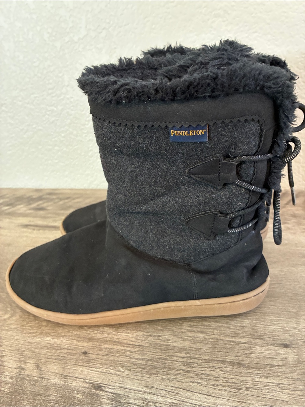 Pendleton Black & Gray Wool Suede Fur-Trim Mid-Calf Boots